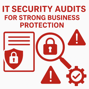 Red and white graphic with the heading “IT Security Audits for Strong Business Protection,” featuring icons of a document with a shield, a magnifying glass over a padlock, warning signs, and a gear with a checkmark to represent risk assessment and security review.