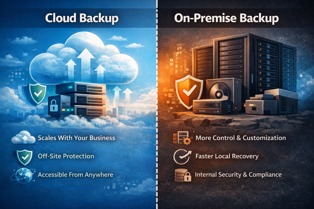 Cloud backup and on-premise backup shown side by side.