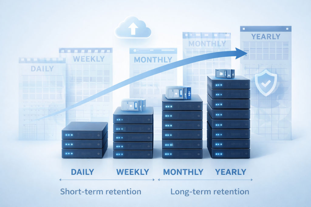 Illustration of backup retention models showing server stacks increasing from daily to yearly retention, representing short-term and long-term backup storage.
