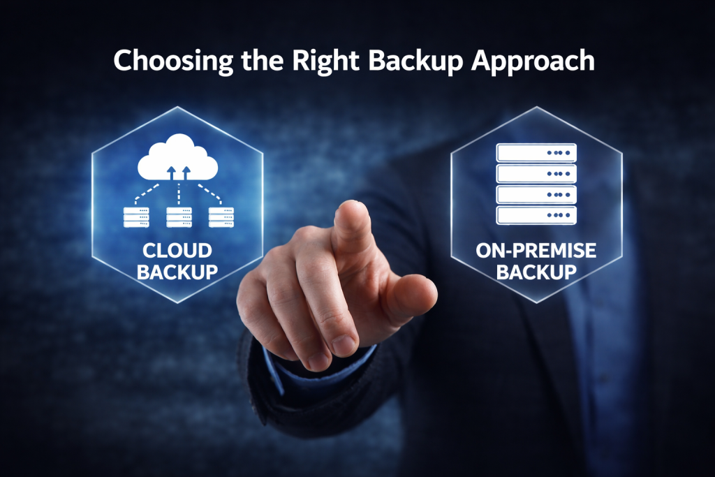 Hand shown between cloud backup and on-premise backup options.