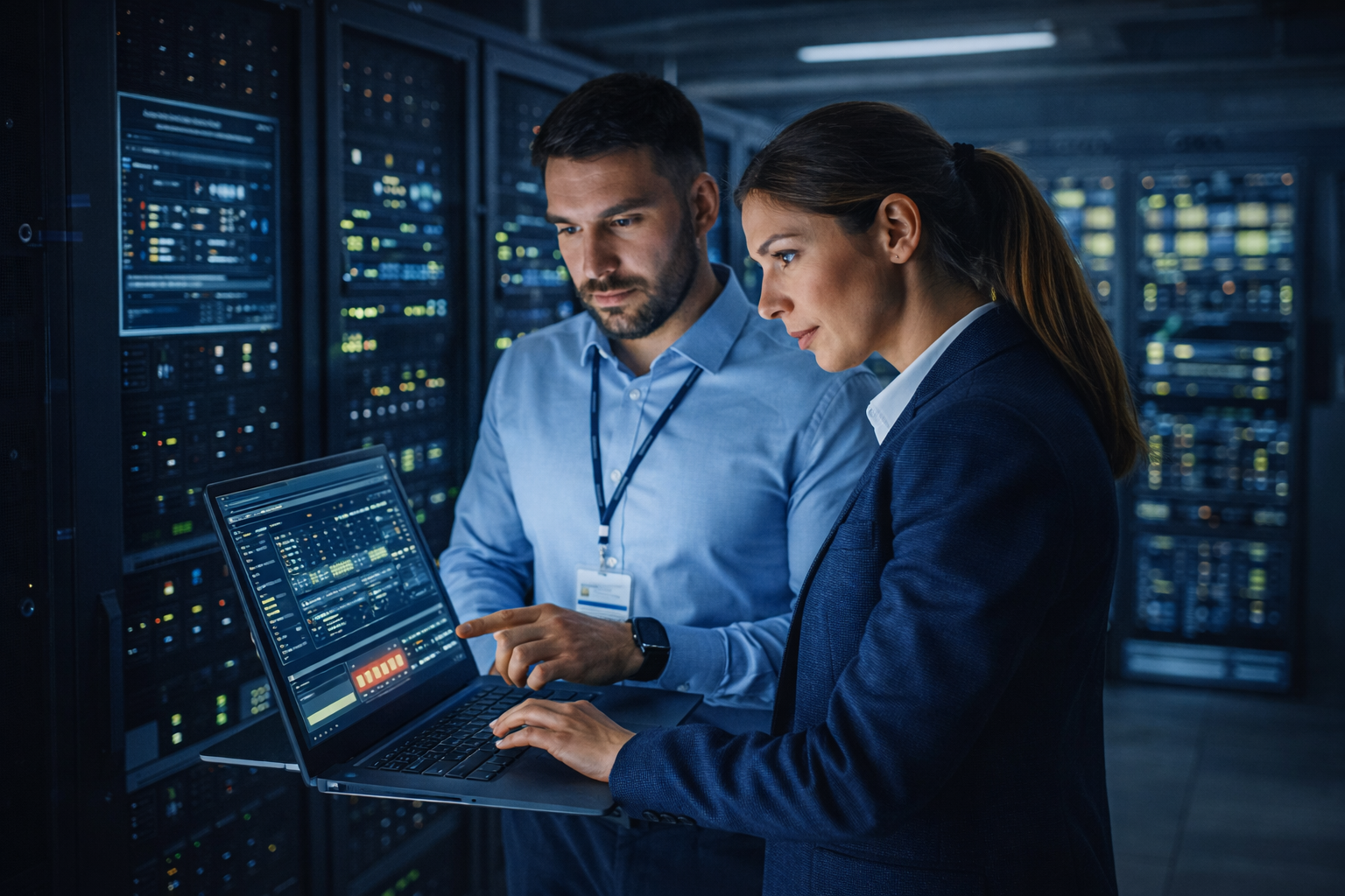 IT security team monitoring systems in a server room