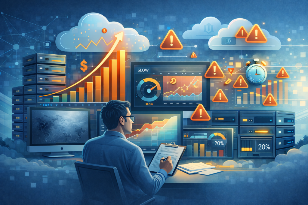 Dashboard showing cloud storage problem, capacity planning metrics, and warning alerts during a storage management issue.
