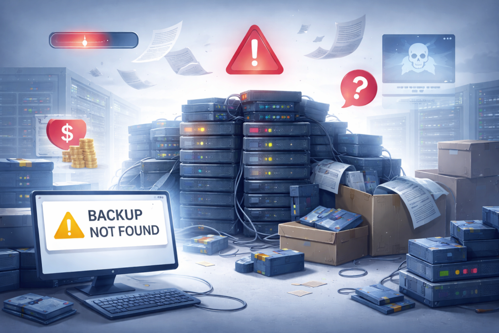 Disorganized backup storage and warning signs showing the risks of poor backup retention management.