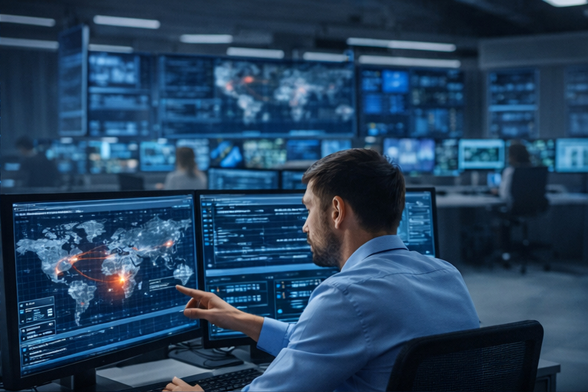 Security analyst reviewing live threat monitoring dashboard